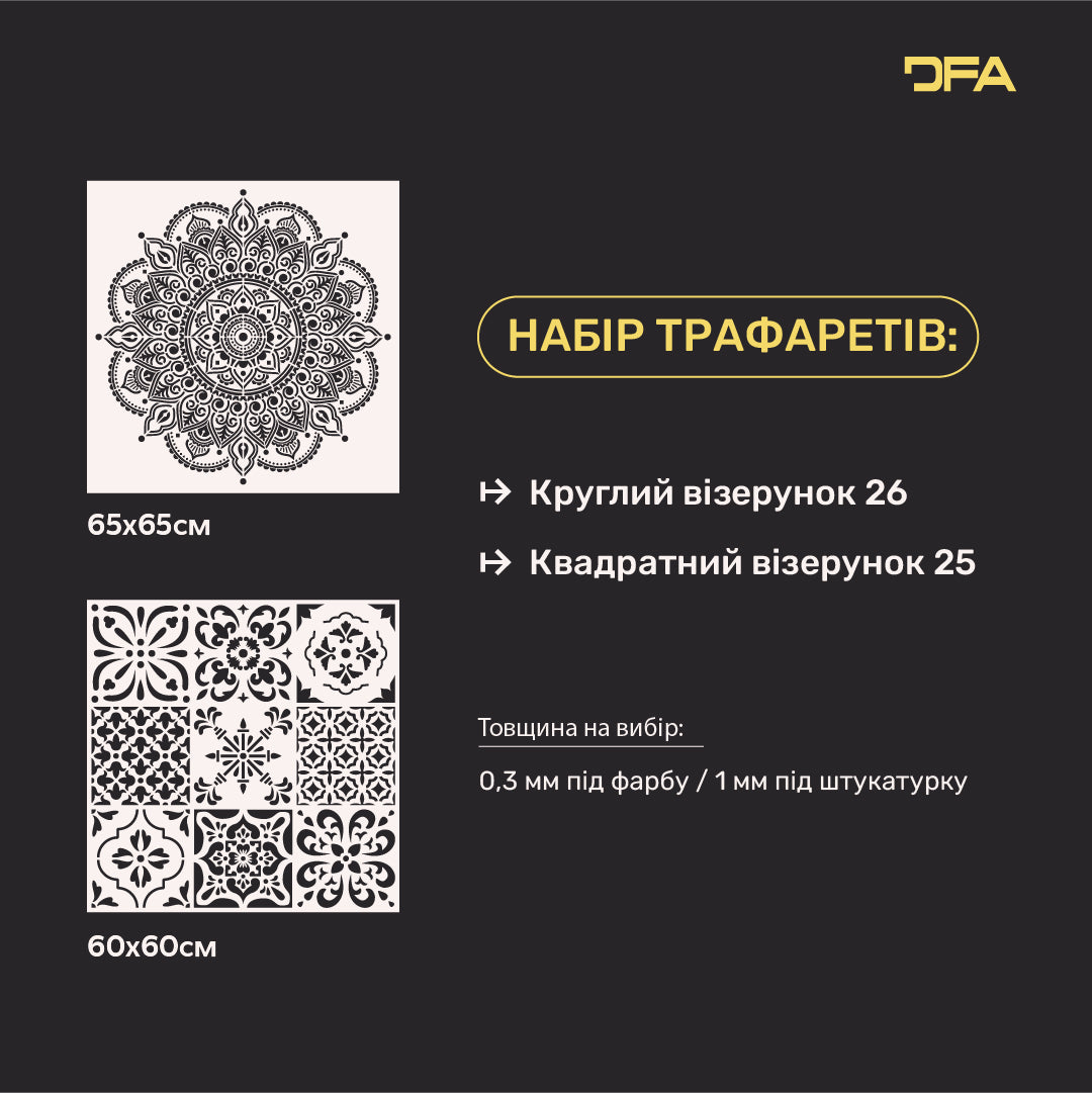 Набір для декору стін під штукатурку та фарбу 1 Трафарети DFA (Круглий візерунок 26 + Квадратний візерунок 25) 0.3-1 мм (N00001)