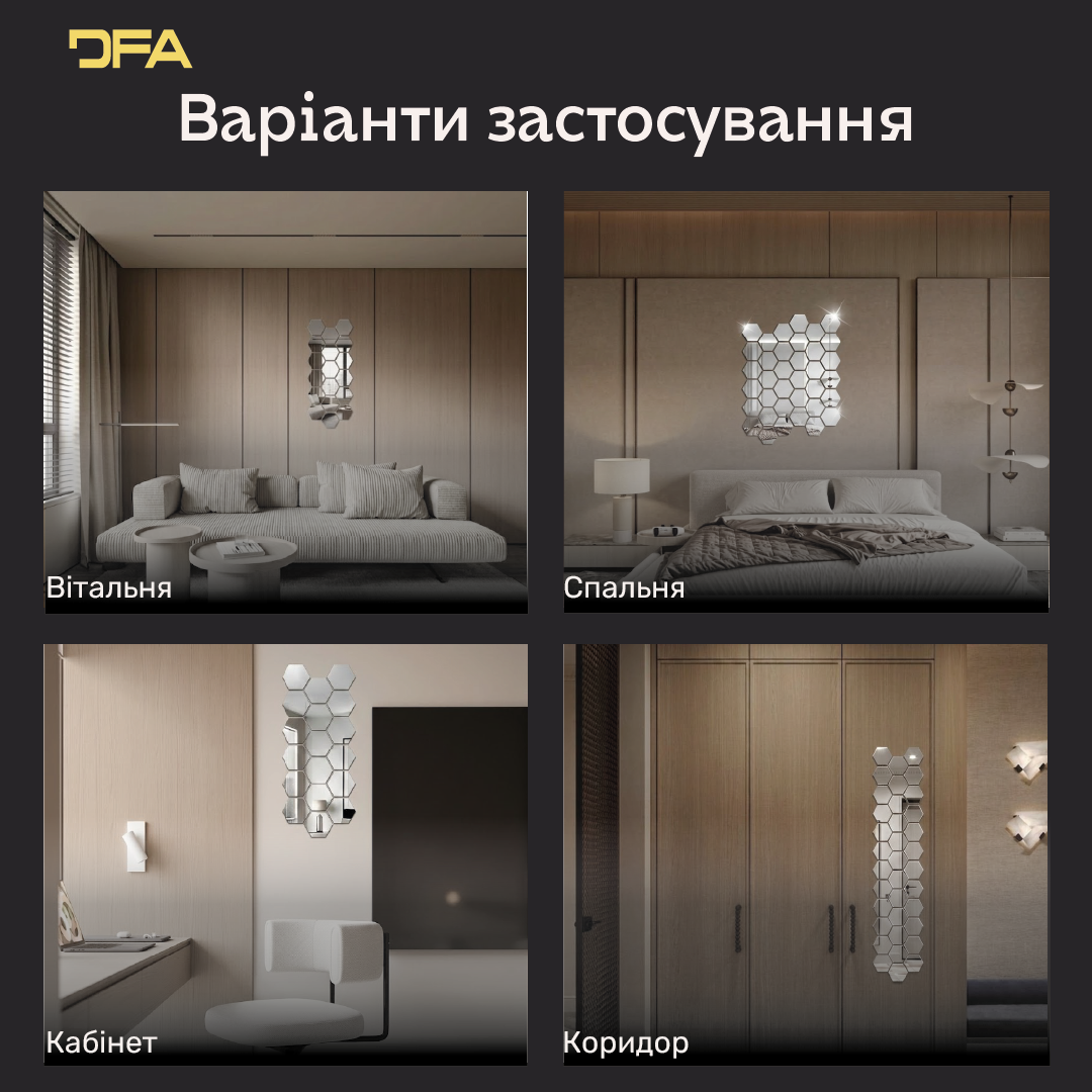 Дзеркальний декор DFA Соти: сучасний геометричний акцент для будь-якого простору, 18 шт/36 шт (YA00028)