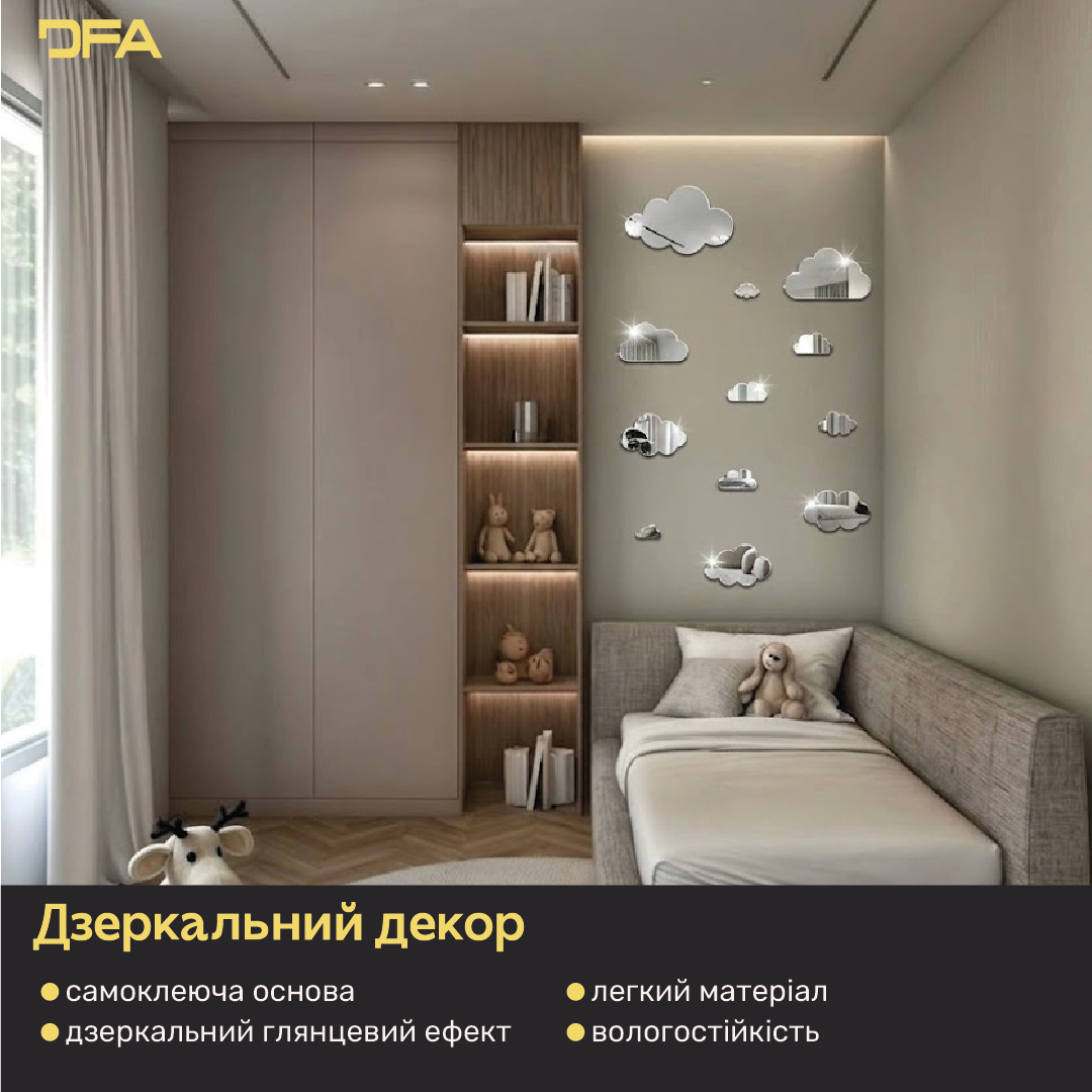 Дзеркальний декор Хмаринки DFA – Легкість та простір у вашому інтер'єрі, 6 шт/12 шт
