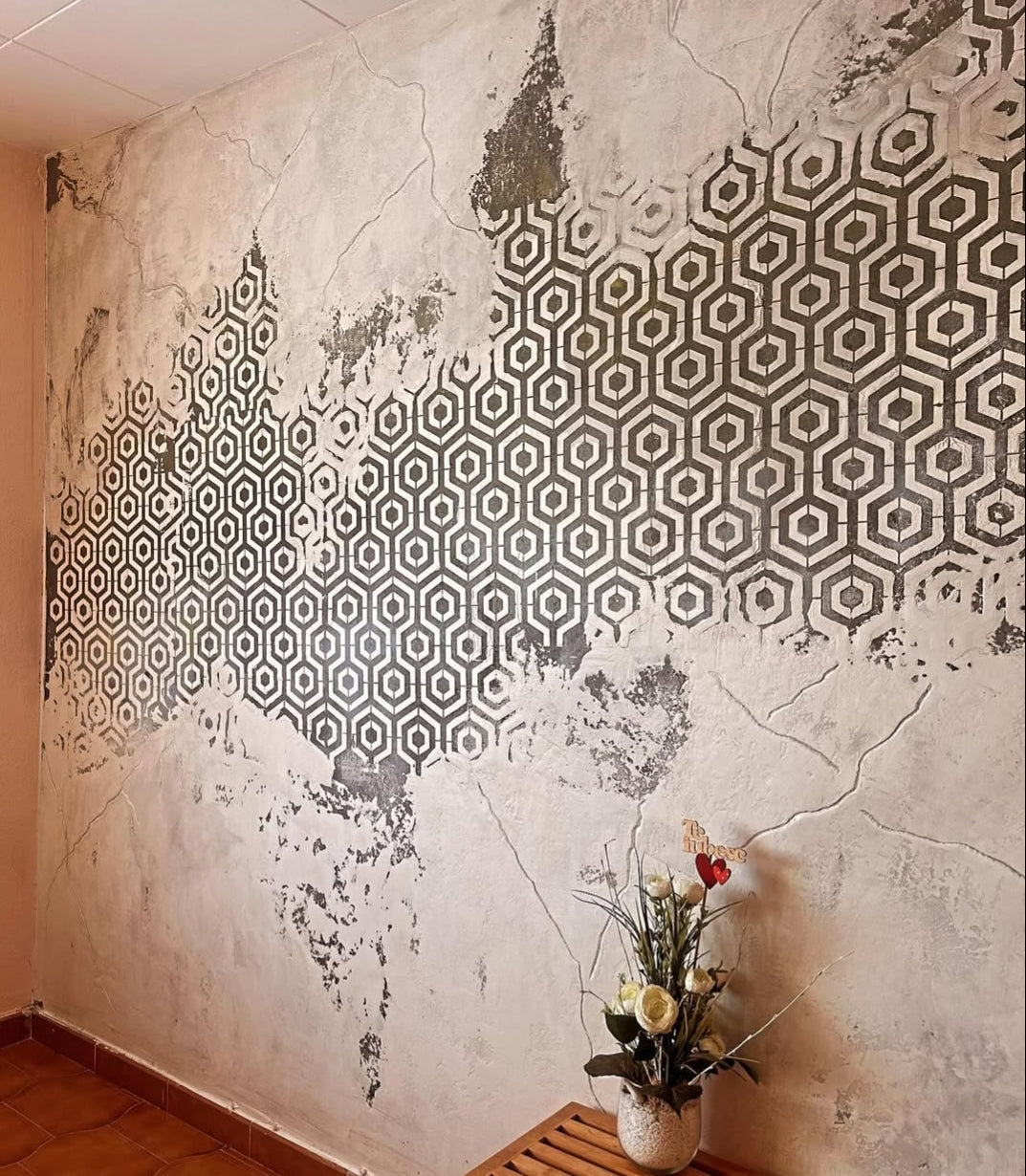 Трафарет для штукатурки та фарби DFA Геометрія 25 - 0.3-1мм та декоративна штукатурка "Marmorino Maxi" + в подарунок шпатель