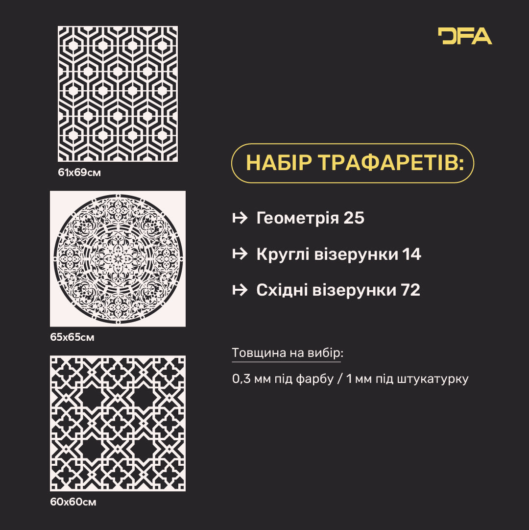 Набір 3-х багаторазових трафаретів DFA Геометрія, Круглий та Східний візерунки: Від класики до модерну 0.3-1 мм (N00183)