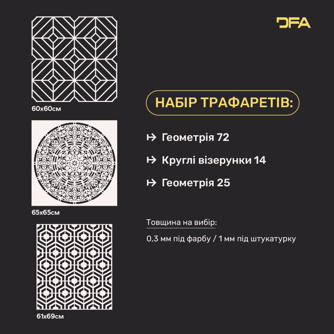 Набір з 3-х трафаретів DFA Круглий та Геометричні візерунки – Сучасний інтер’єр без зайвих витрат 0.3-1 мм (N00167)