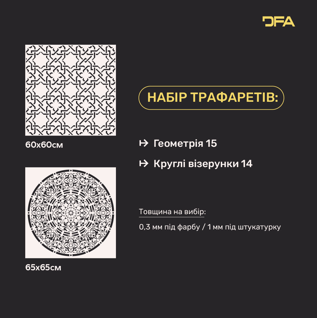Стильний декор стін з набором 2 трафаретів DFA: Круглі та Геометричні узори 0.3-1 мм (N00177)