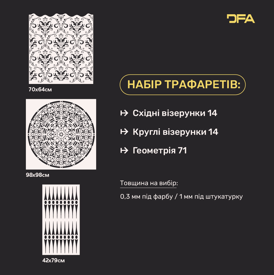 DFA Трафарети 3 шт. набір: Геометричний, Східний та Круглий – Ідеальне зонування простору з різноплановими візерунками 0.3-1 мм (N00196)