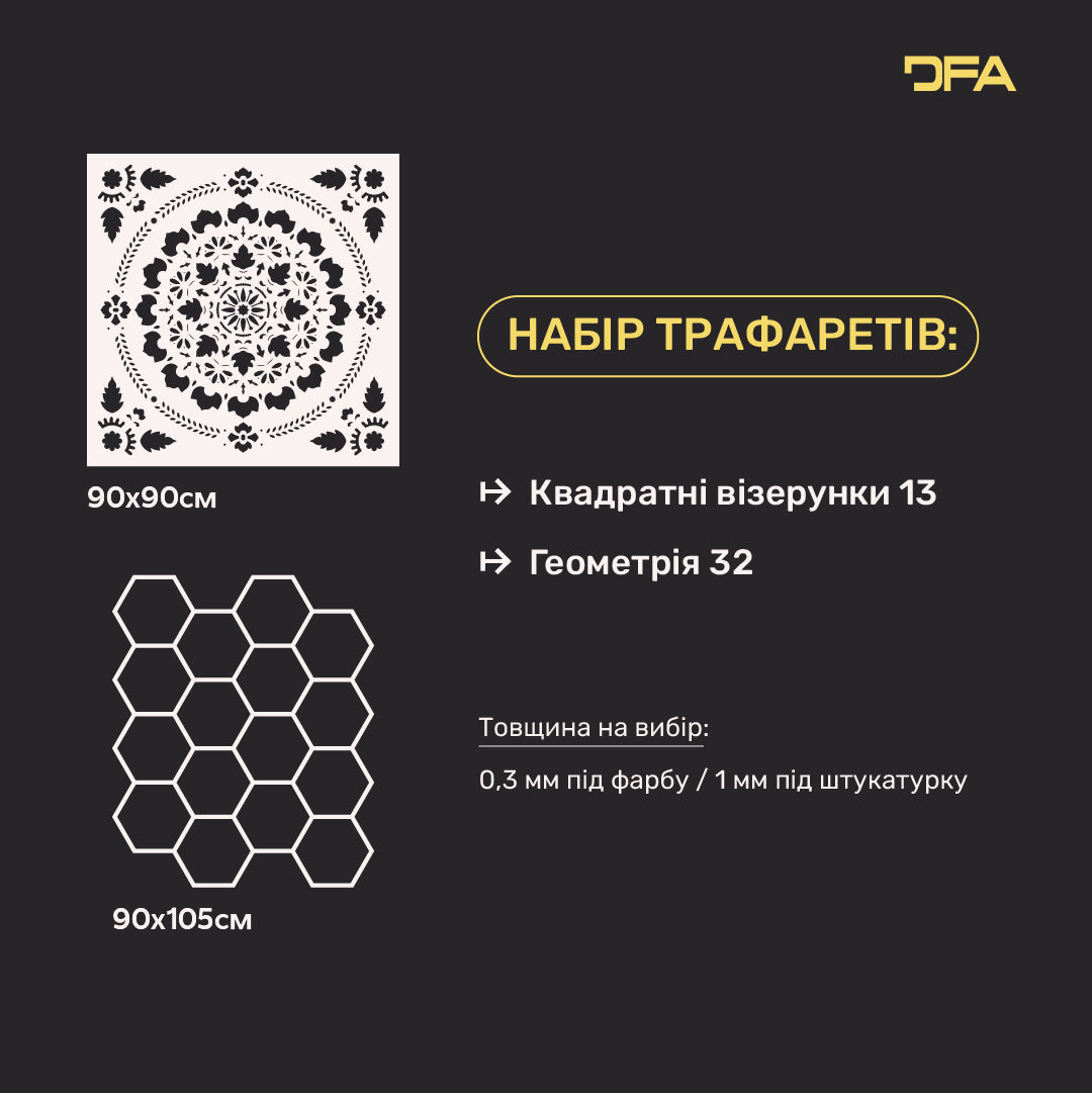 Набір 2 трафарети DFA: Геометрія соти та Квадратний візерунок – легке створення чітких візерунків 0.3-1 мм (N00203)