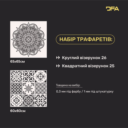 Набір для декору стін під штукатурку та фарбу 1 Трафарети DFA (Круглий візерунок 26 + Квадратний візерунок 25) 0.3-1 мм (N00001)
