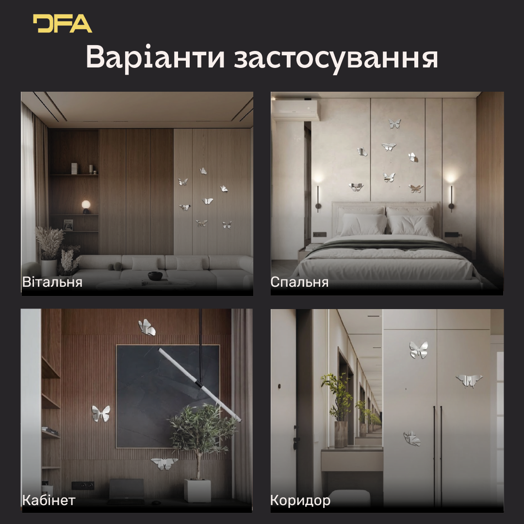 Дзеркальні Метелики DFA: Додайте легкості та світла у ваш простір, 3 шт/7 шт/11 шт (YA00003)
